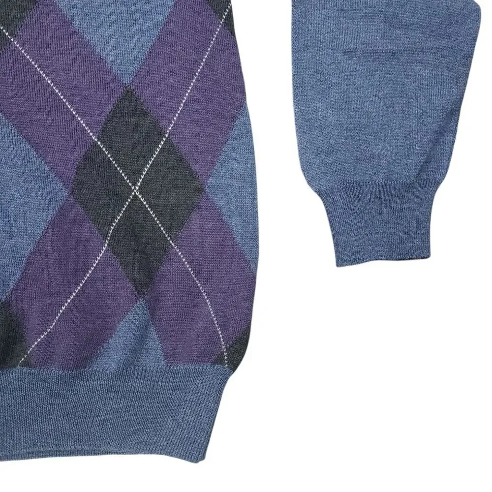 Black Brown 1826 Made in Italy 100% Merino Wool Argyle V-Neck Sweater Men XL - Picture 6 of 12